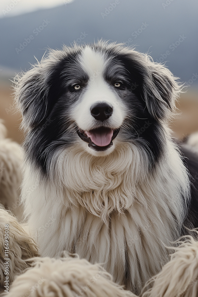 Border collie herding sheep in mountain landscape Border collie herding sheep in mountain landscape