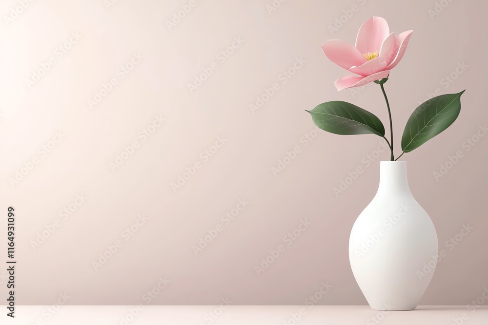 Obraz premium A delicate pink flower in a white vase, elegantly placed against a soft, neutral background, creating a serene and minimalist aesthetic.