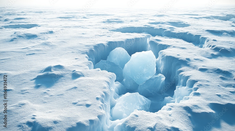 A serene, icy landscape featuring a large, irregular hole surrounded by snow and ice, suggesting a dramatic natural formation or melting process. A serene, icy landscape featuring a large, irregular hole surrounded by snow and ice, suggesting a dramatic natural formation or melting process.