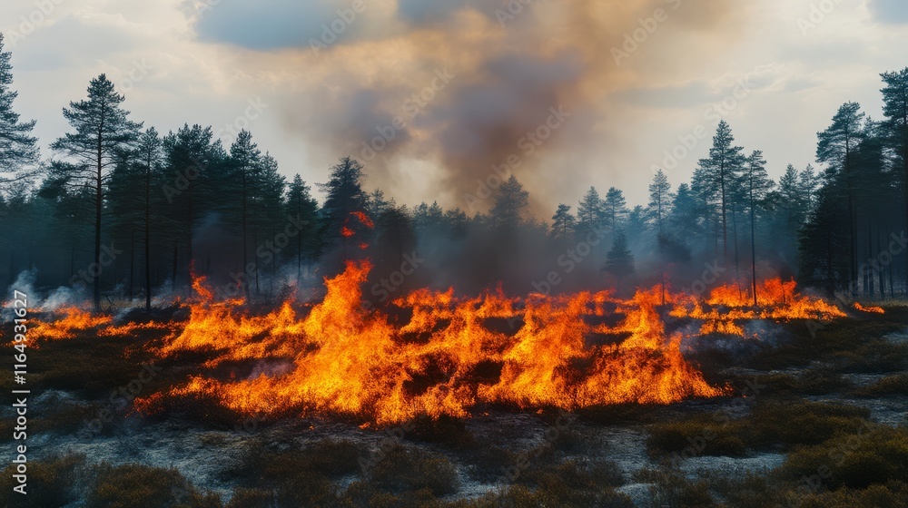 A dramatic scene of a forest fire, with flames engulfing the ground amidst smoke and trees, depicting the intensity and devastation of wildfires. A dramatic scene of a forest fire, with flames engulfing the ground amidst smoke and trees, depicting the intensity and devastation of wildfires.