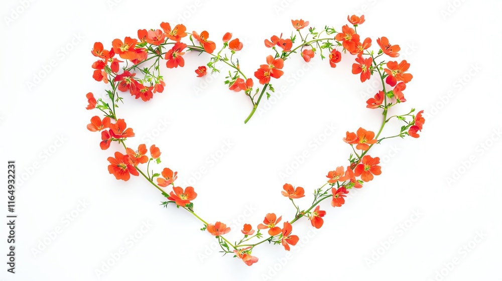 Heart shape made of vibrant red flowers on a white background, symbolizing love and nature's beauty. Heart shape made of vibrant red flowers on a white background, symbolizing love and nature's beauty.
