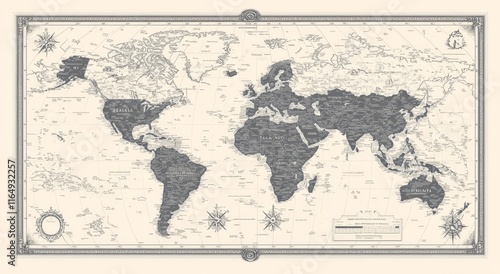 Vintage-style world map with grayscale countries, compass roses, and nautical details. photo