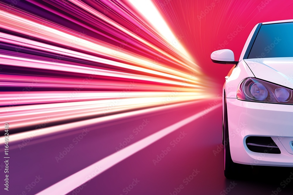 Fototapeta premium A sleek white car speeds along a vibrant, motion-blurred road, showcasing a dynamic sense of speed and energy.