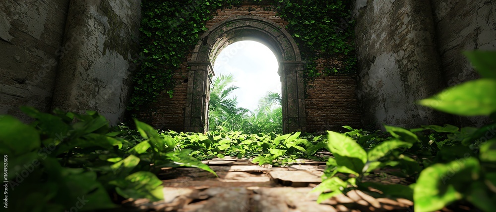 Naklejka premium A serene passageway framed by lush greenery, leading to a bright light, evokes tranquility and nature's beauty.