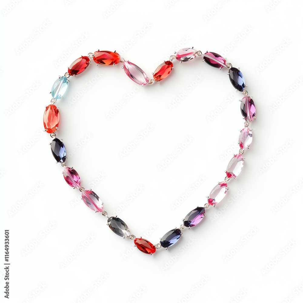 Colorful gemstone bracelet in heart shape on a white isolated background.
