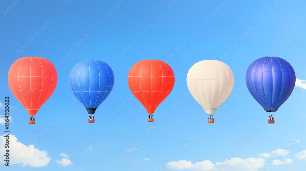 Fototapeta premium Colorful hot air balloons floating in a clear blue sky with fluffy clouds.