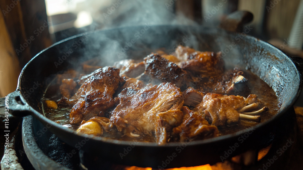 Cooking marinated chicken in a cast iron skillet over an open flame Cooking marinated chicken in a cast iron skillet over an open flame