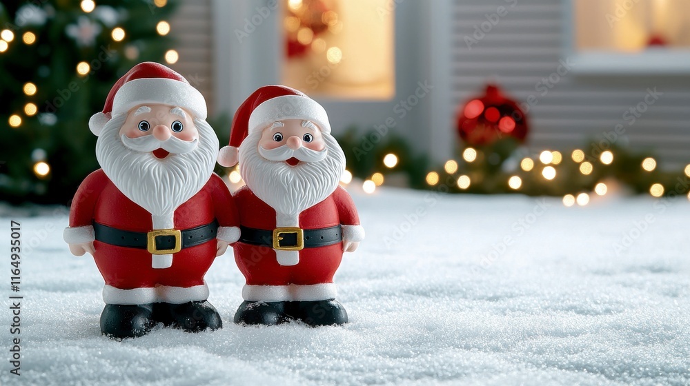 Cheerful Santa Figurines in Snowy Winter Scene with Christmas Lights Cheerful Santa Figurines in Snowy Winter Scene with Christmas Lights