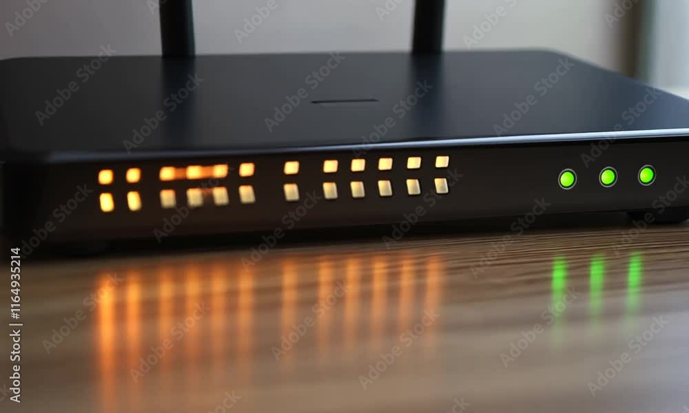 Close-up of a black wireless router on a wooden surface, showing illuminated indicator lights. Close-up of a black wireless router on a wooden surface, showing illuminated indicator lights.