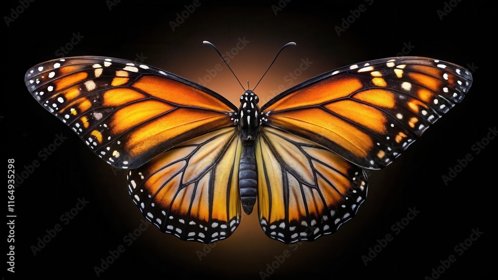 Fototapeta premium Beautiful monarch butterfly with delicate wings spread on a dark black background, wings
