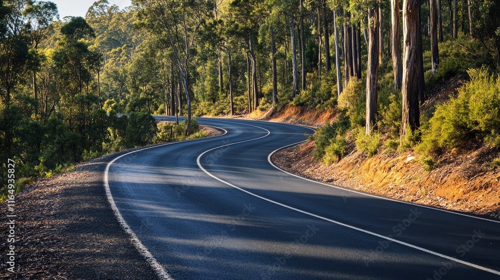 Fototapeta premium A finished scenic road winding through forested hills, showcasing construction excellence