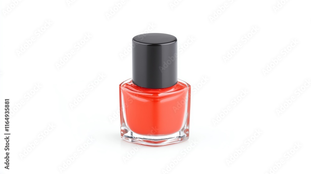 Bright red nail polish in a clear glass bottle with a black cap, isolated on a white background. Bright red nail polish in a clear glass bottle with a black cap, isolated on a white background.