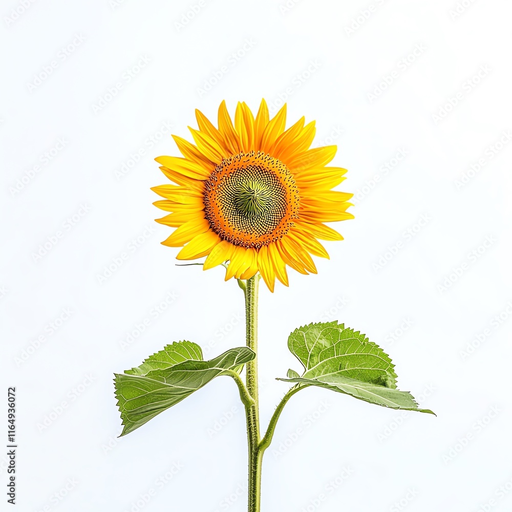 Obraz premium Vibrant sunflower with green leaves against a white background.