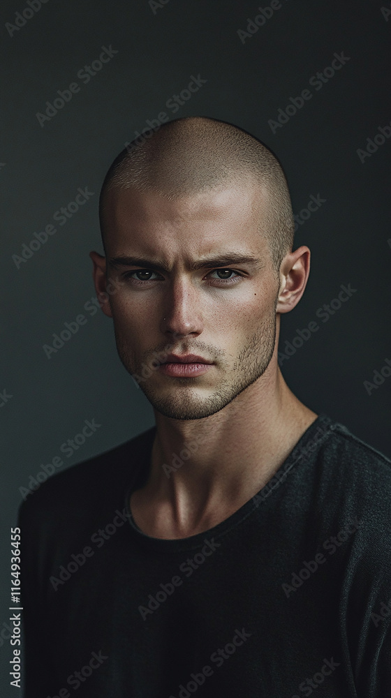 Fototapeta premium Bald man with a calm expression on plain background
