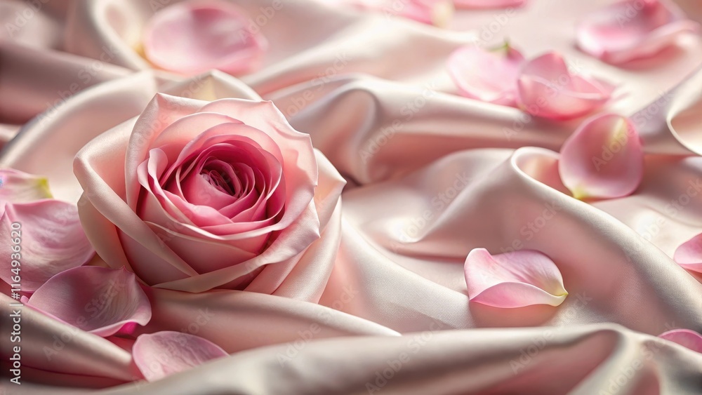 Delicate pink rose petals unfolding on soft silk fabric, creating a romantic and elegant atmosphere , pink roses, blossoms Delicate pink rose petals unfolding on soft silk fabric, creating a romantic and elegant atmosphere , pink roses, blossoms