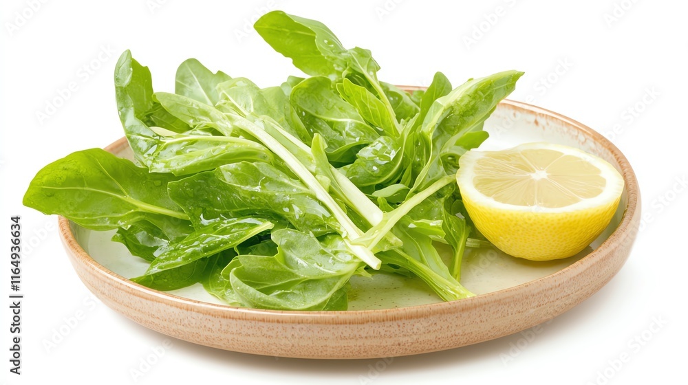 Fresh spinach leaves with a slice of lemon on a wooden plate, perfect for healthy dishes and salads. Fresh spinach leaves with a slice of lemon on a wooden plate, perfect for healthy dishes and salads.