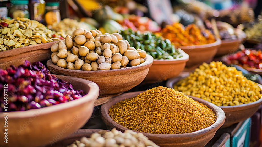 Colorful array of spices displayed at a vibrant market in India during the daytime Colorful array of spices displayed at a vibrant market in India during the daytime