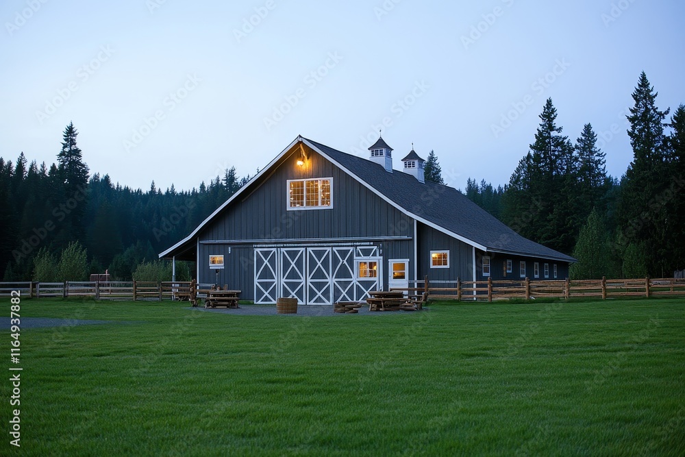 Gray barn at dusk, lights on, green field, trees. Gray barn at dusk, lights on, green field, trees.