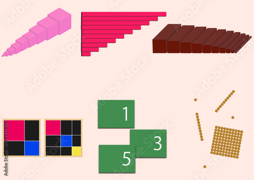 Montessori Materials　モンテッソーリ教育　教具　ピンクタワー　赤い棒　茶色の階段