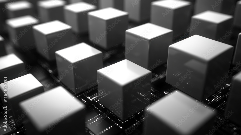 Abstract grayscale cubes on circuit board. Abstract grayscale cubes on circuit board.