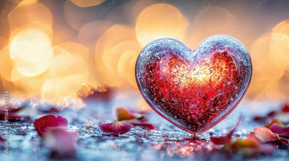 Fototapeta premium Heart-Shaped Glass Decor with Rose Petals and Bokeh Lights Creating a Romantic Atmosphere for Celebrations