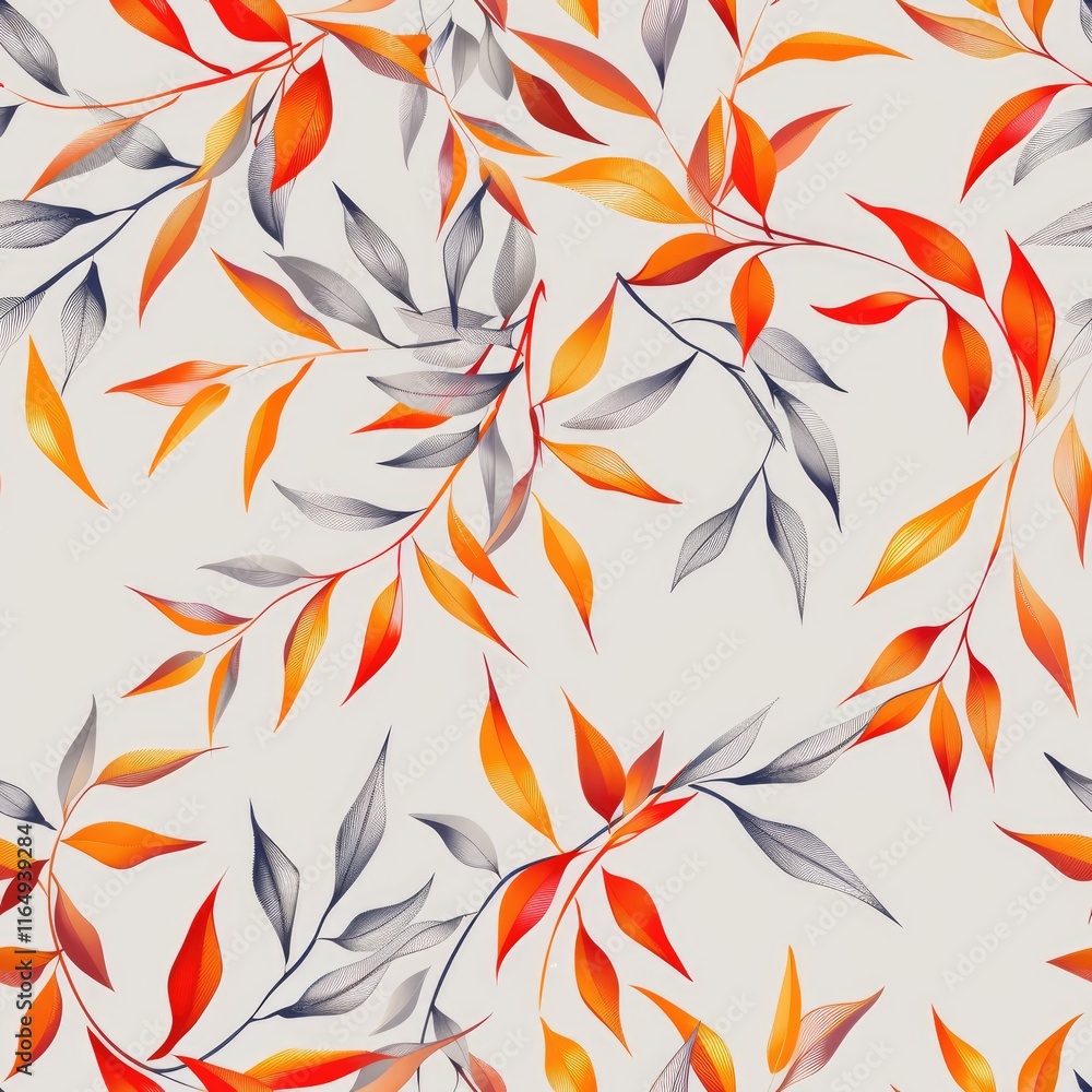 A vibrant pattern of colorful leaves in shades of orange, red, and gray on a light background. A vibrant pattern of colorful leaves in shades of orange, red, and gray on a light background.