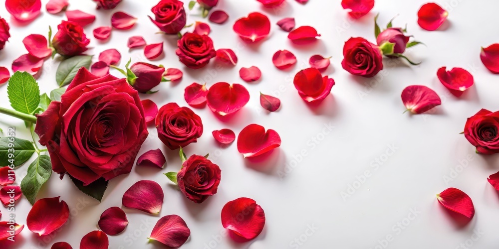 Colorful red rose petals scattered on a soft, white background Colorful red rose petals scattered on a soft, white background