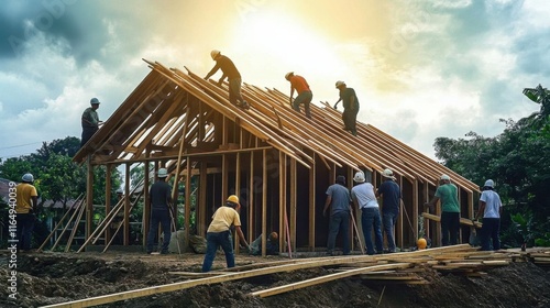 Volunteers Building a House: Volunteers constructing a house for a family in need- showcasing teamwork. Concept: Community Service- Teamwork- Generosity