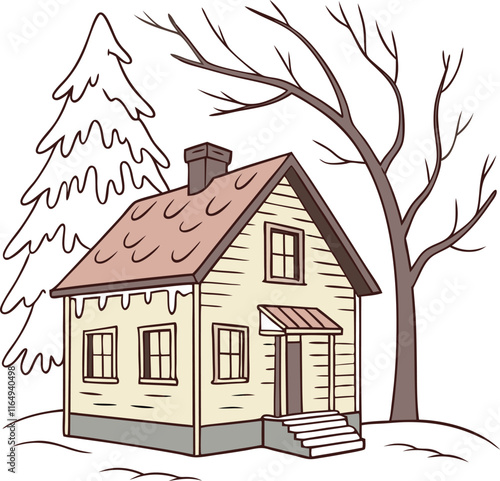 A picture of a house with  tree on the roof and icicles vector 