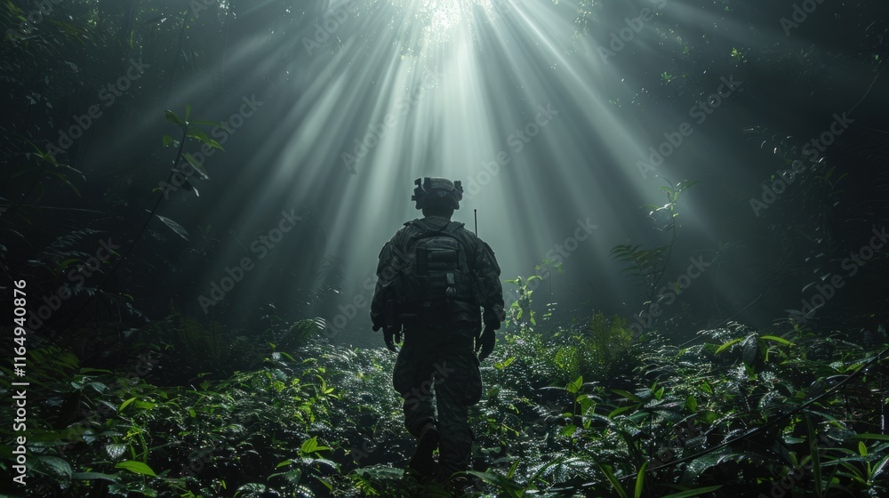 Silhouetted soldier standing in a jungle clearing, sunlight streams from above. Silhouetted soldier standing in a jungle clearing, sunlight streams from above.