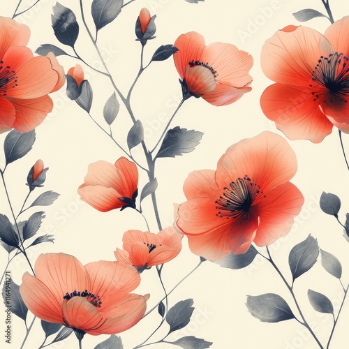 Wallpaper Mural A floral pattern featuring vibrant orange flowers with gray leaves on a light background. Torontodigital.ca