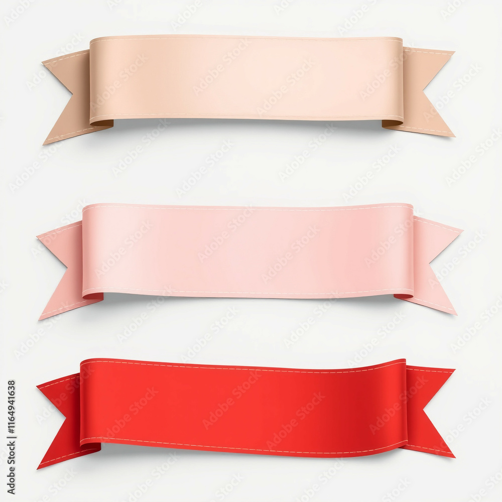 Elegant Ribbon Banners: Three stylish ribbon banners in soft pink, beige and bold red, perfect for adding a touch of elegance to your designs. These versatile elements are ideal for announcements. Elegant Ribbon Banners: Three stylish ribbon banners in soft pink, beige and bold red, perfect for adding a touch of elegance to your designs. These versatile elements are ideal for announcements.