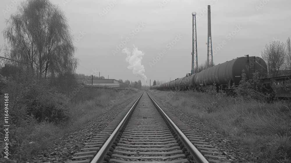 A railway track vanishing into the horizon, black and white, perspective focus 