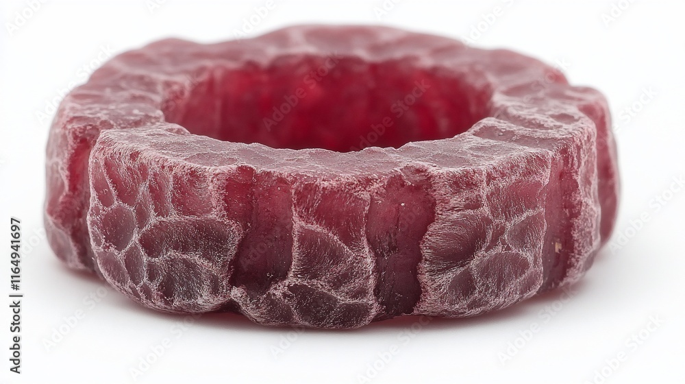 Close-up of a dark pink, textured, ring-shaped object. Close-up of a dark pink, textured, ring-shaped object.