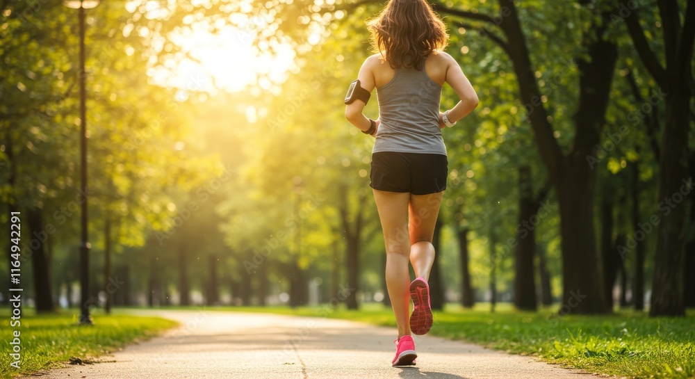 Woman jogging on a sunlit park path in the morning Woman jogging on a sunlit park path in the morning