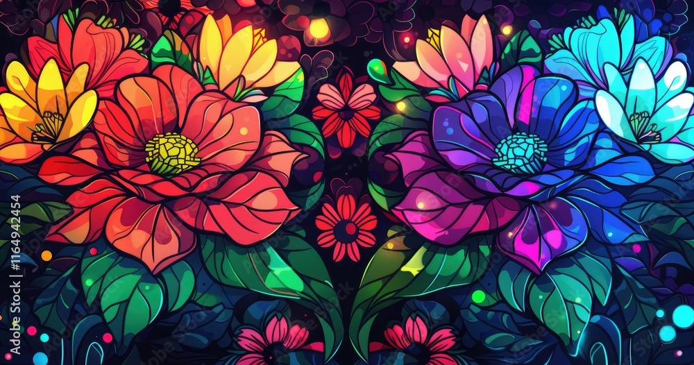 custom made wallpaper toronto digitalA vibrant floral illustration featuring colorful flowers against a dark background.