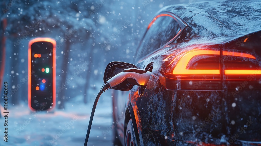 Electric car charging in snowy weather; charging station in background. Illustrates sustainable transportation and EV use in winter conditions. Electric car charging in snowy weather; charging station in background. Illustrates sustainable transportation and EV use in winter conditions.