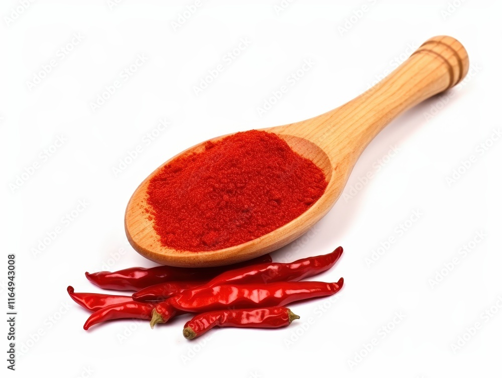 Wooden Scoop Full of Red Hot Chili Powder and Fresh Red Chili Peppers on White Background for Culinary Inspiration and Spicy Flavor Dishes Wooden Scoop Full of Red Hot Chili Powder and Fresh Red Chili Peppers on White Background for Culinary Inspiration and Spicy Flavor Dishes