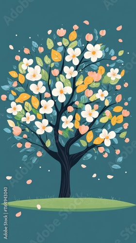 Vibrant Spring Tree with Colorful Blossoms and Leaves on Background