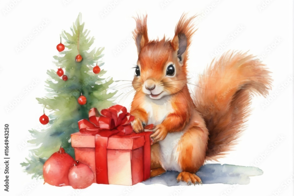 Festive Watercolor Illustration of Red Squirrel with Christmas Tree and Gift Box on White Background. Festive Watercolor Illustration of Red Squirrel with Christmas Tree and Gift Box on White Background.