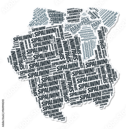 Suriname shape text cloud. Country border with shadow on white background. Suriname with regions division in vintage gazette style. Awesome vector illustration.