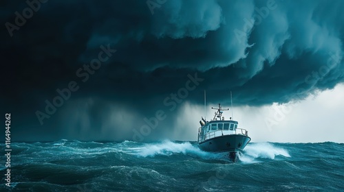 A lone boat braves a stormy sea under dark, ominous clouds. Ideal for illustrating themes of resilience, danger, or navigating challenges. photo