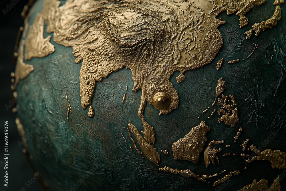 Obraz premium Close-up of ornate golden Asia on a dark green globe.