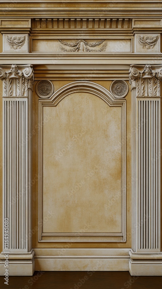 Obraz premium Classical-Style Building Facade with Ornate Carvings and Arched Window Amidst Neutral Tones