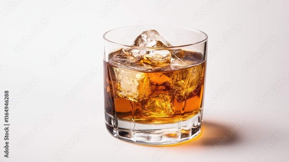 Whiskey cocktail in a glass with ice cubes on a clean white background showcasing elegance and sophistication Whiskey cocktail in a glass with ice cubes on a clean white background showcasing elegance and sophistication