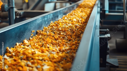 Conveyor belt processing orange peels for recycling into eco-friendly pellets in a modern industrial factory setting photo