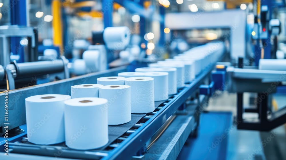Automated Production Line with Conveyor Belt Transporting Rolls of Toilet Paper in Modern Factory Setting Automated Production Line with Conveyor Belt Transporting Rolls of Toilet Paper in Modern Factory Setting