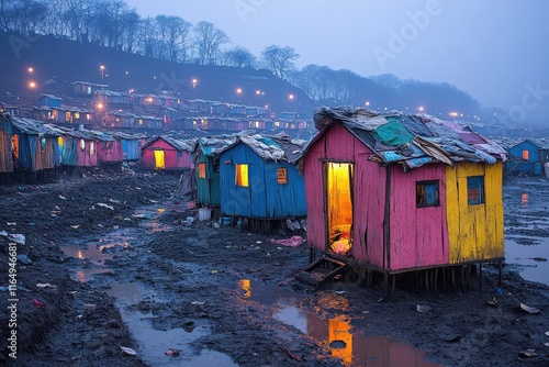 Colorful makeshift homes illuminate a waterfront slum at twilight, showcasing resilience and community amidst challenging conditions.