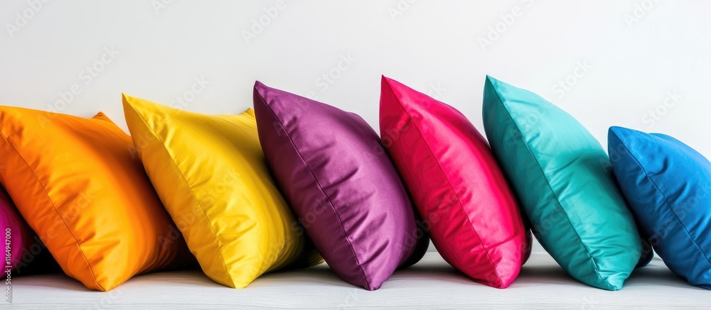 Vibrant colorful pillows arranged in a row showcasing modern interior design and home decor aesthetics Vibrant colorful pillows arranged in a row showcasing modern interior design and home decor aesthetics