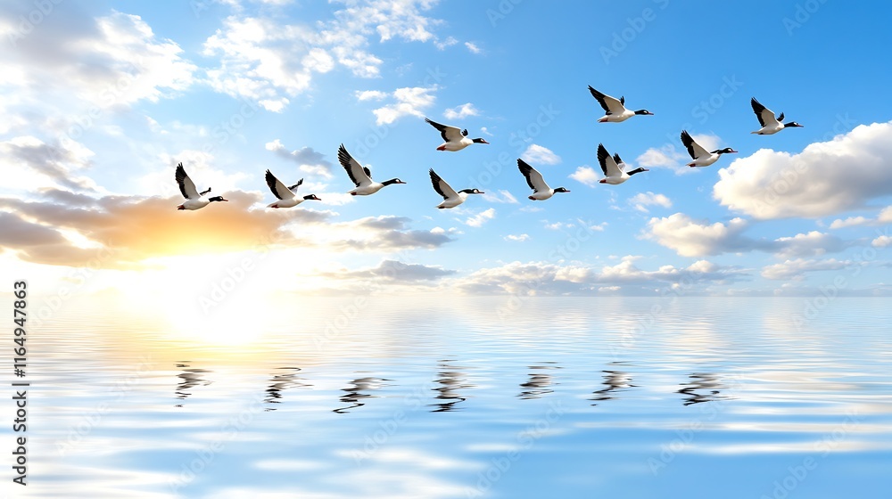 Fototapeta premium Birds Flying Over Calm Water at Sunset